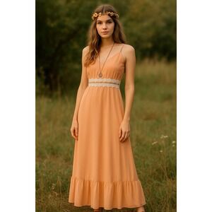 Vtg 70s Maxi Dress Sz S Peach Empire Waist Floral Detail Fairy Cottage Core‎